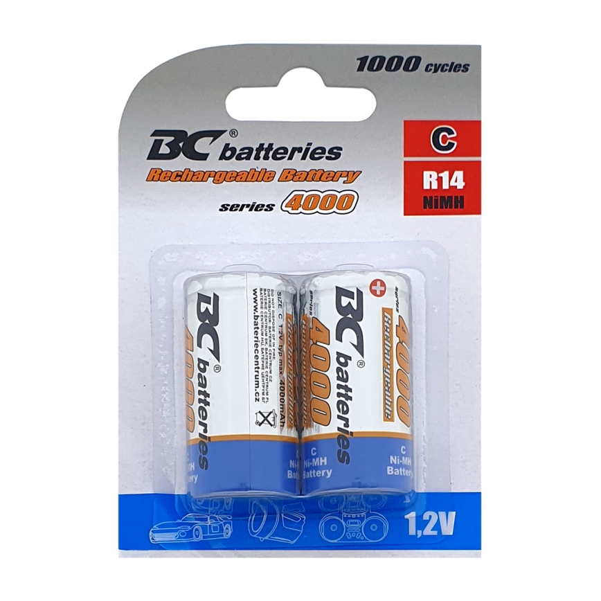 2 delar Uppladdningsbart batteri NiMH C 4000 mAh 1,2V