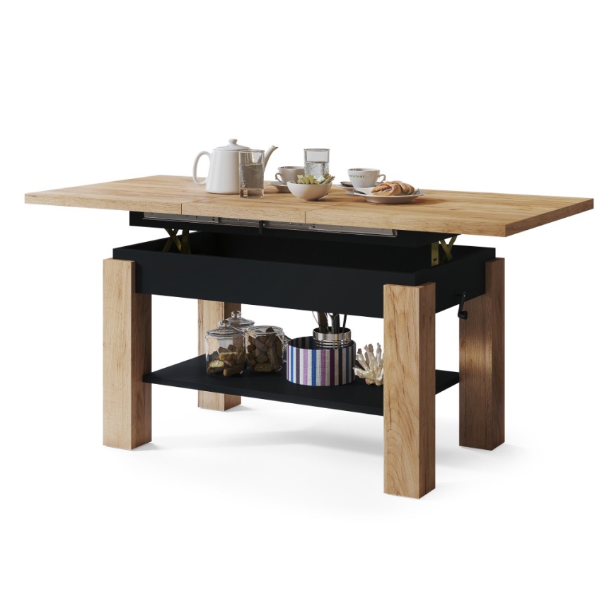Utdragbart soffbord/matbord med hylla ADONIS ek craft/svart