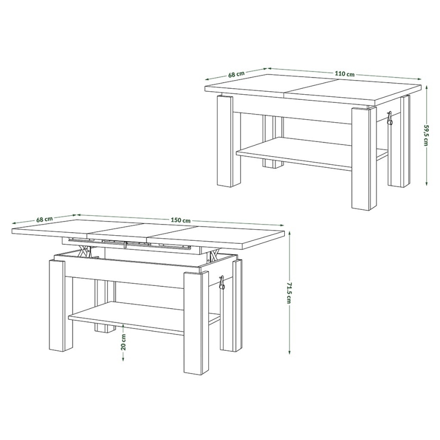 Utdragbart soffbord/matbord med hylla ADONIS ek craft/svart