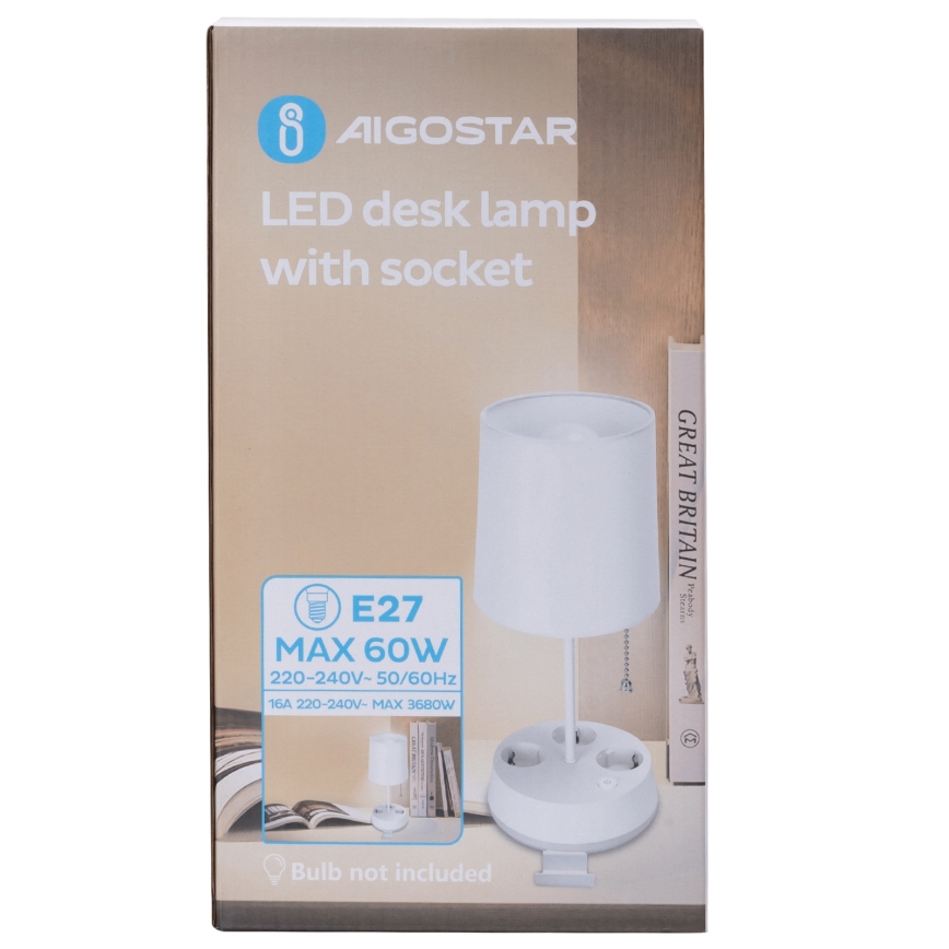 Aigostar - Bordslampa med eluttag 1xE27/60W/230V vit