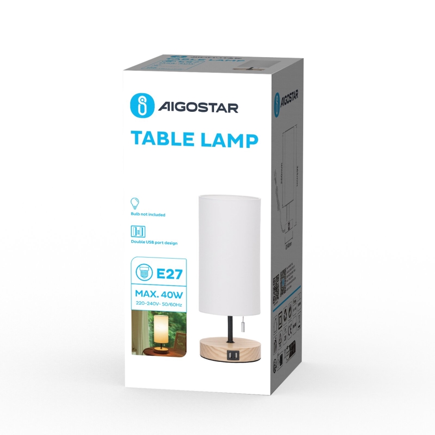Aigostar - Bordslampa med USB-port 1xE27/40W/230V beige