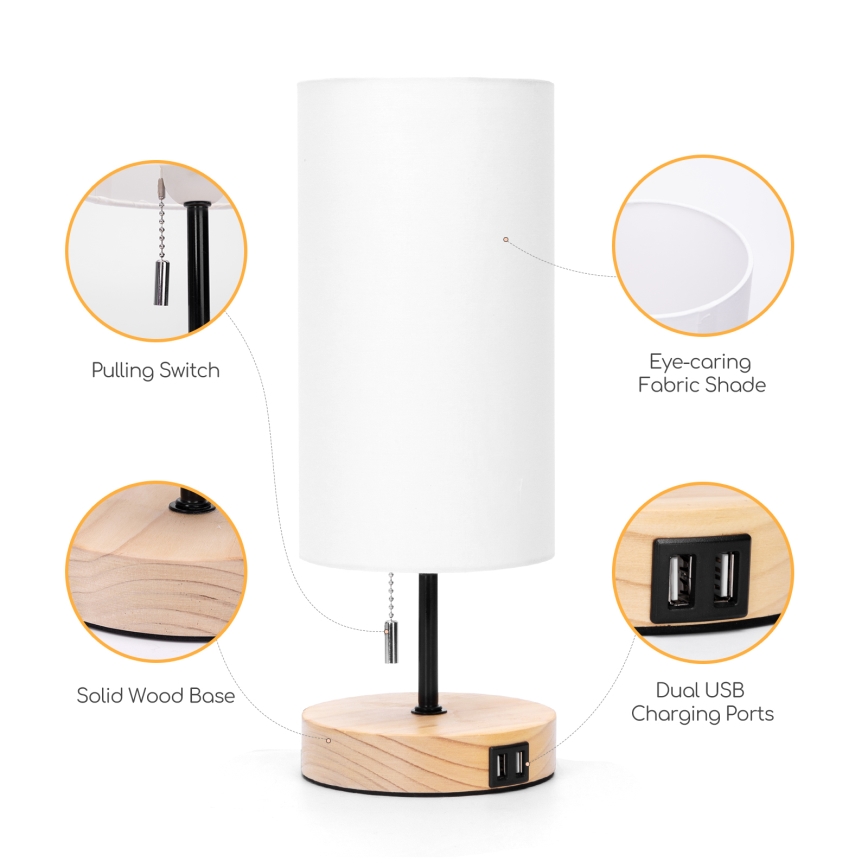 Aigostar - Bordslampa med USB-port 1xE27/40W/230V beige