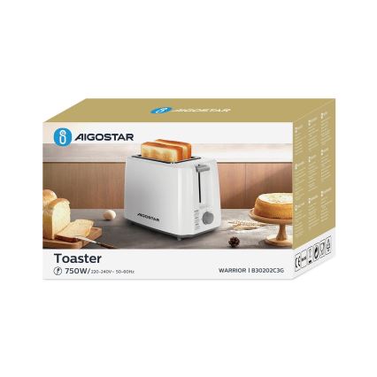Aigostar - Brödrost för två skivor 750W/230V vit