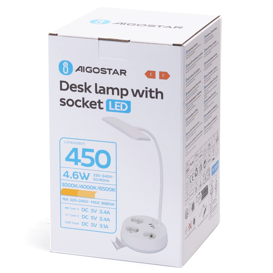 Aigostar - Dimbar LED-bordslampa med uttag och USB LED/4,6W/230V 3000/4000/6500K vit