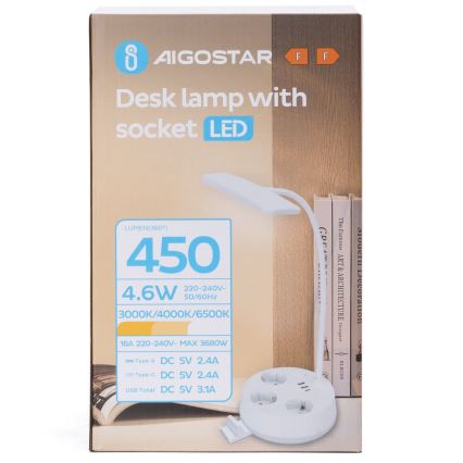 Aigostar - Dimbar LED-bordslampa med uttag och USB LED/4,6W/230V 3000/4000/6500K vit
