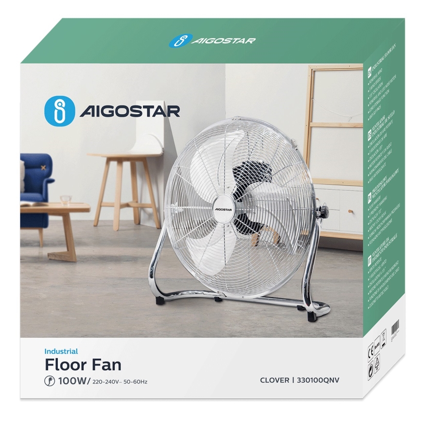 Aigostar - Golvfläkt 100W/230V skinande krom