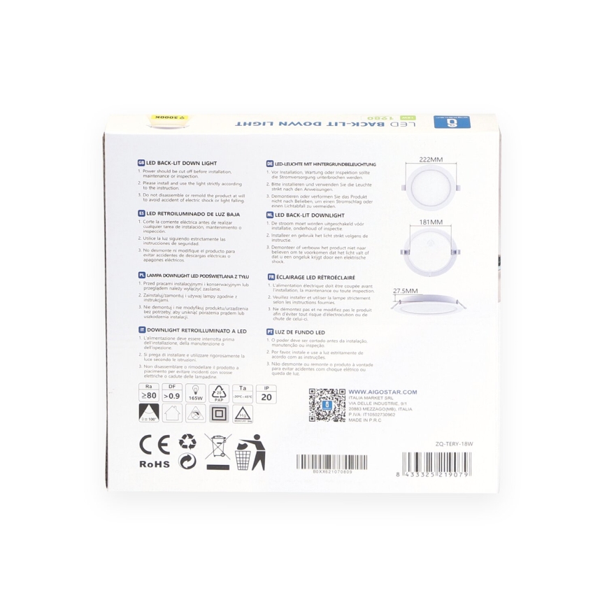 Aigostar - Infälld LED-armatur 18W/230V 3000K Ø 22,2 cm vit