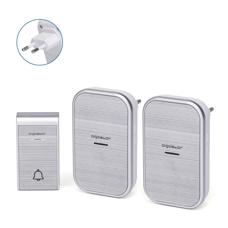Aigostar - KIT 2x Plugin trådlös dörrklocka 230V/12V IP44 silver