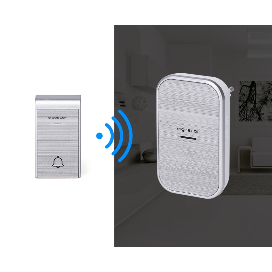 Aigostar - KIT 2x Plugin trådlös dörrklocka 230V/12V IP44 silver