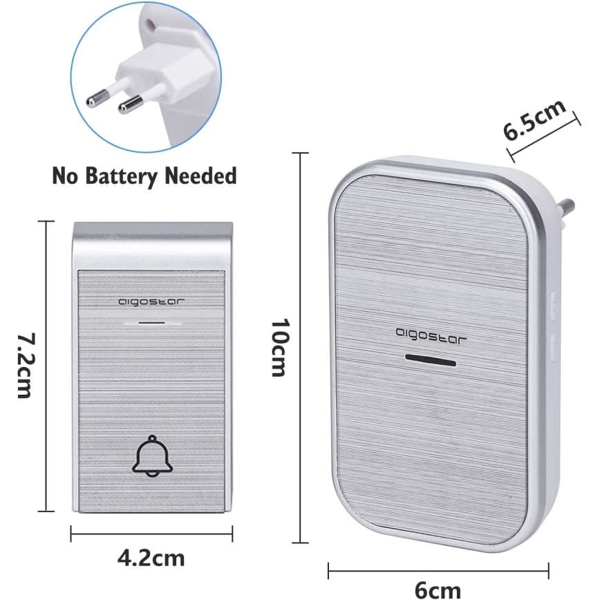 Aigostar - KIT 2x Plugin trådlös dörrklocka 230V/12V IP44 silver