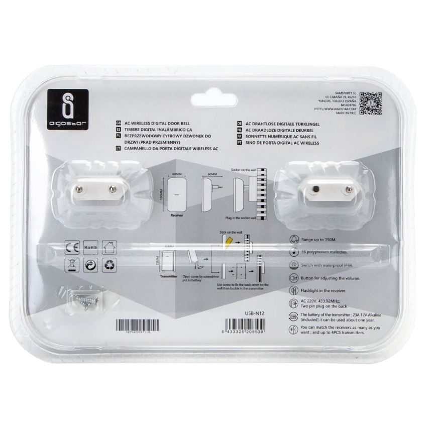 Aigostar - KIT 2x Plugin trådlös dörrklocka 230V/12V IP44 vit