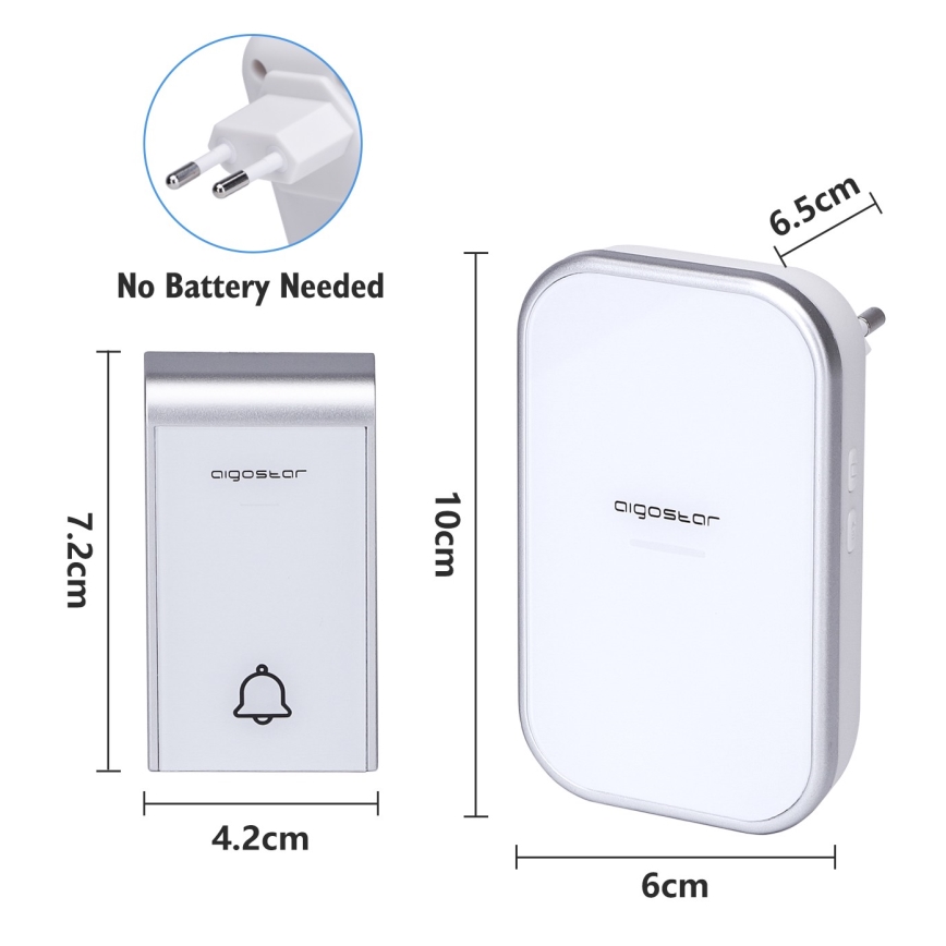 Aigostar - KIT 2x Plugin trådlös dörrklocka 230V/12V IP44 vit