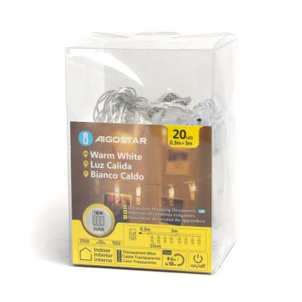 Aigostar - LED dekorativ kedja med klä 20xLED/3xAA 3,3m varm vit