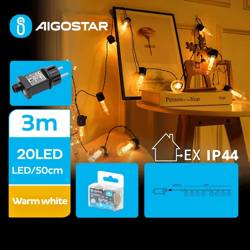 Aigostar - LED dekorativ utomhusslinga 20xLED/3m IP44 varm vit