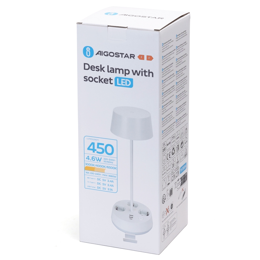 Aigostar - LED Dimbar bordslampa med uttag och USB LED/4,6W/230V 3000/4000/6500K vit