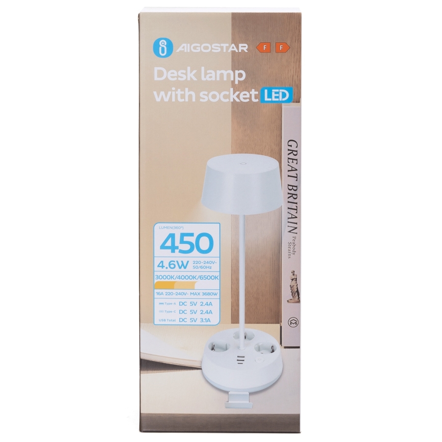 Aigostar - LED Dimbar bordslampa med uttag och USB LED/4,6W/230V 3000/4000/6500K vit