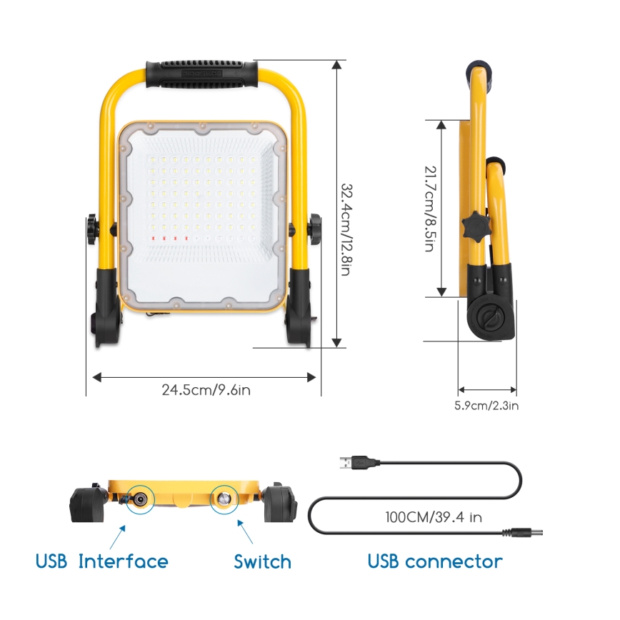 Aigostar - LED dimbar uppladdningsbar strålkastare LED/50W/5V 6500K IP65