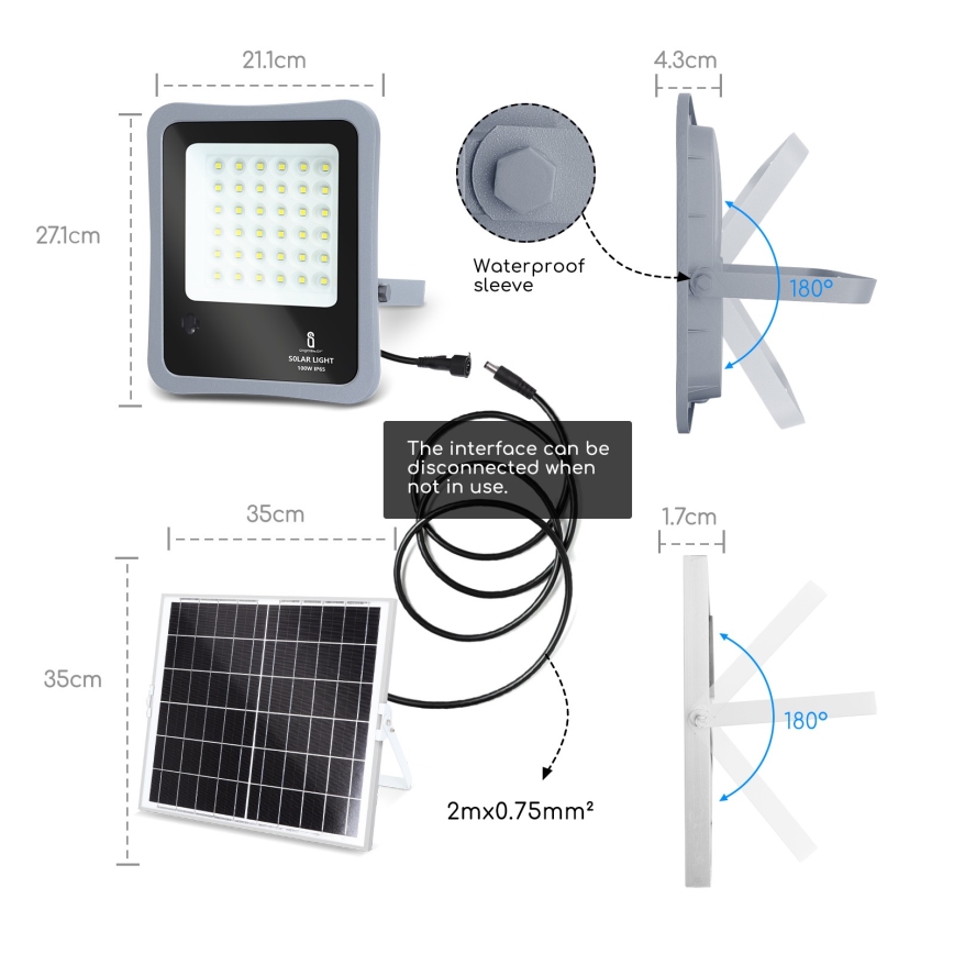 Aigostar - LED Dimbar solcellsstrålkastare LED/100W/3,2V IP65 10000 mAh + fjärrkontrol