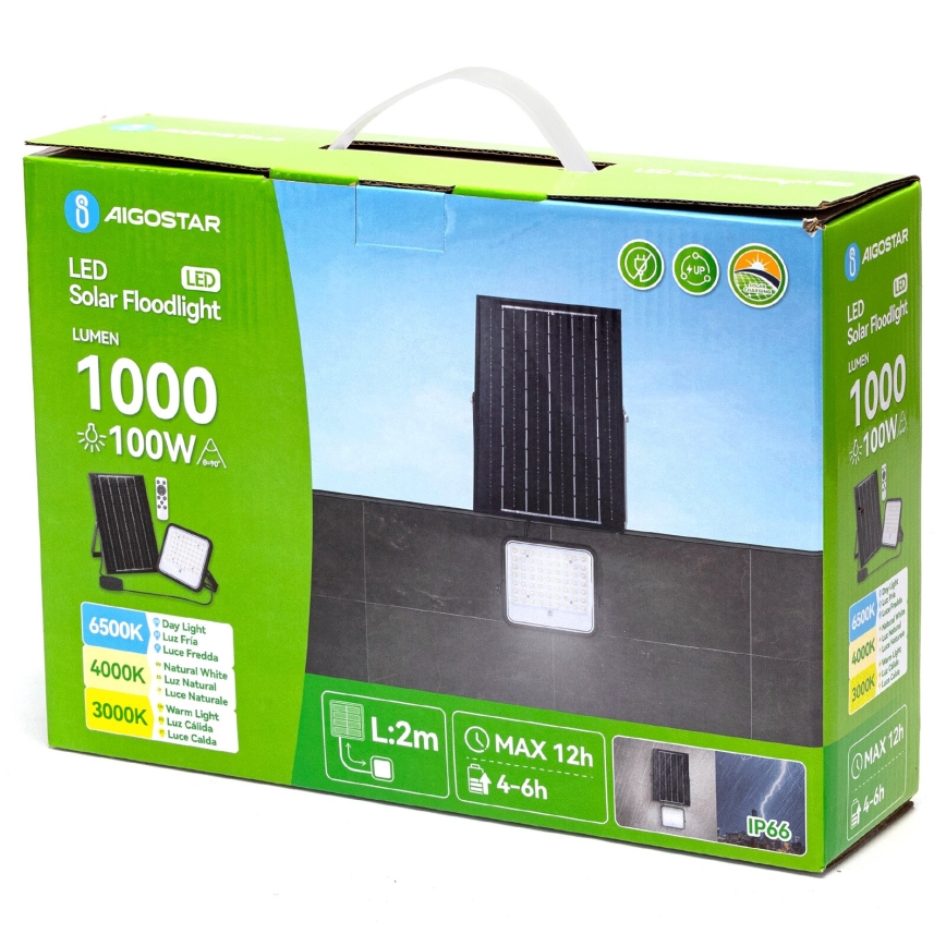 Aigostar - LED Dimbar solcellsstrålkastare LED/100W/3,4V 3000/4000/6500K IP66 + fjärrkontroll