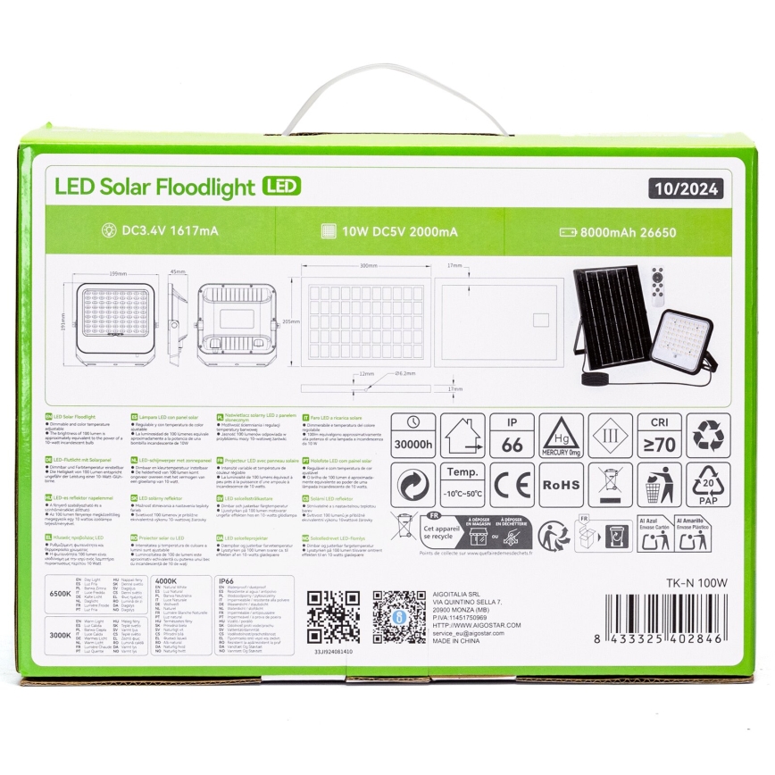 Aigostar - LED Dimbar solcellsstrålkastare LED/100W/3,4V 3000/4000/6500K IP66 + fjärrkontroll
