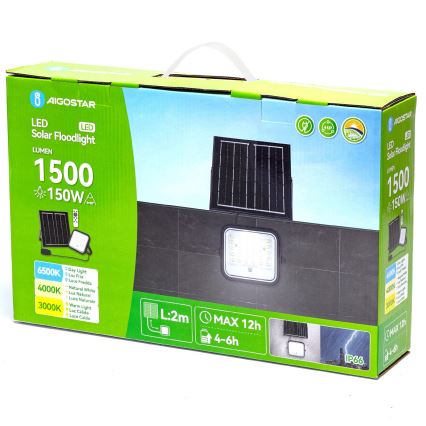 Aigostar - LED Dimbar solcellsstrålkastare LED/150W/3,4V 3000/4000/6500K IP66 12000 mAh + fjärrkontroll