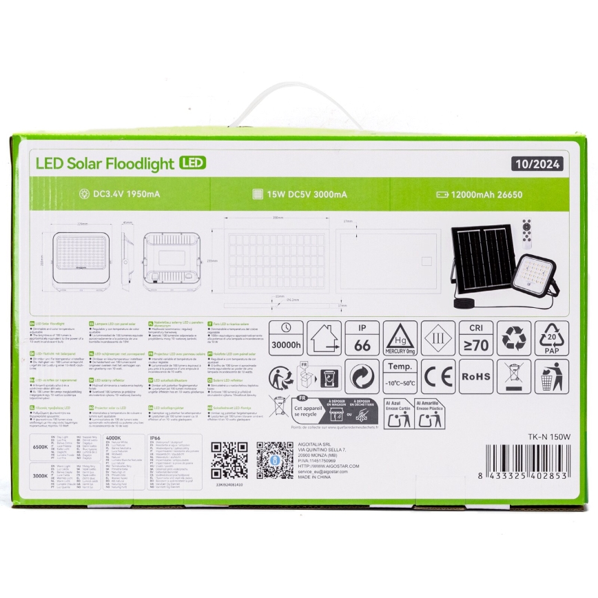 Aigostar - LED Dimbar solcellsstrålkastare LED/150W/3,4V 3000/4000/6500K IP66 12000 mAh + fjärrkontroll