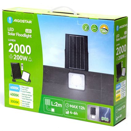 Aigostar - LED Dimbar solcellsstrålkastare LED/200W/3,4V 3000/4000/6500K IP66 + fjärrkontroll
