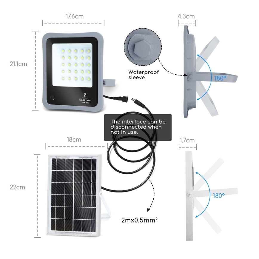 Aigostar - LED Dimbar solcellsstrålkastare LED/30W/3,2V 20000 mAh IP67 + fjärrkontrol