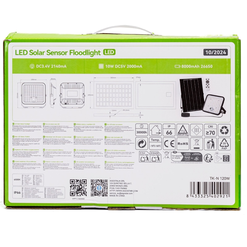 Aigostar - LED Dimbar solcellsstrålkastare med sensor LED/120W/3,4V 6500K IP66 + fjärrkontroll
