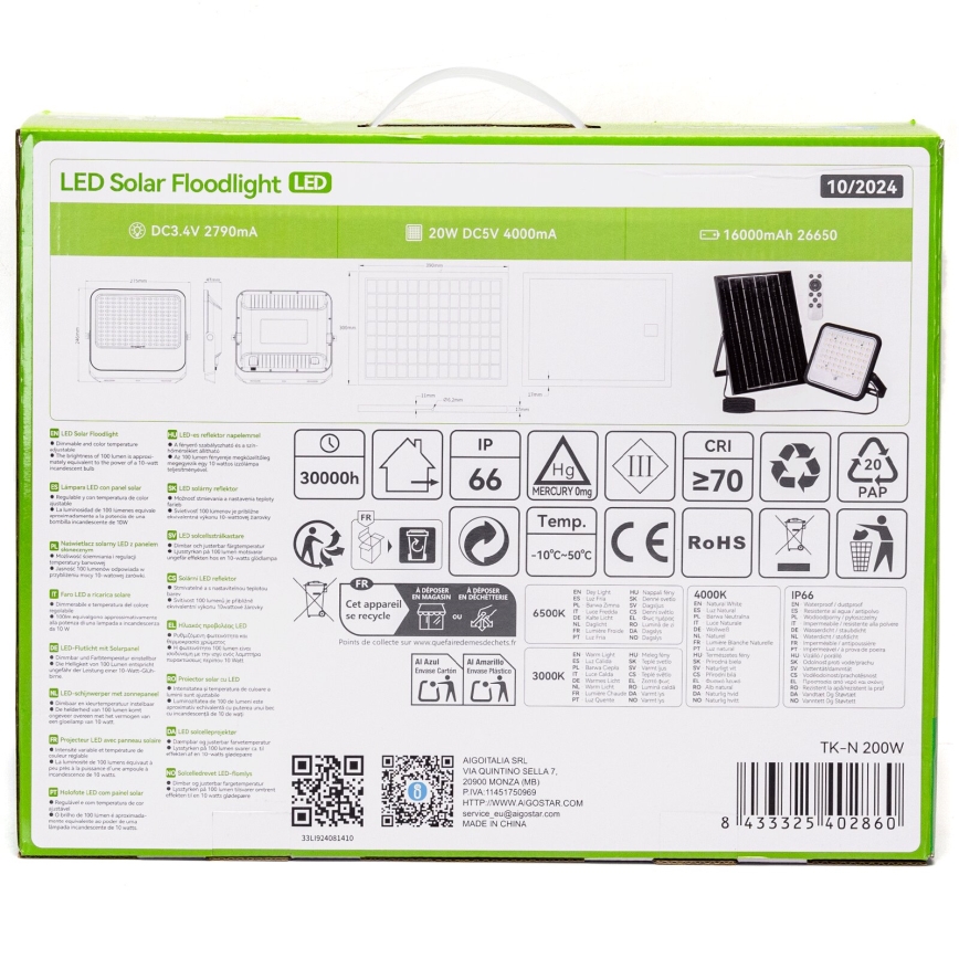Aigostar - LED dimbar solreflektor LED/200W/3,4V 3000/4000/6500K IP66 16000 mAh + fjärrkontroll