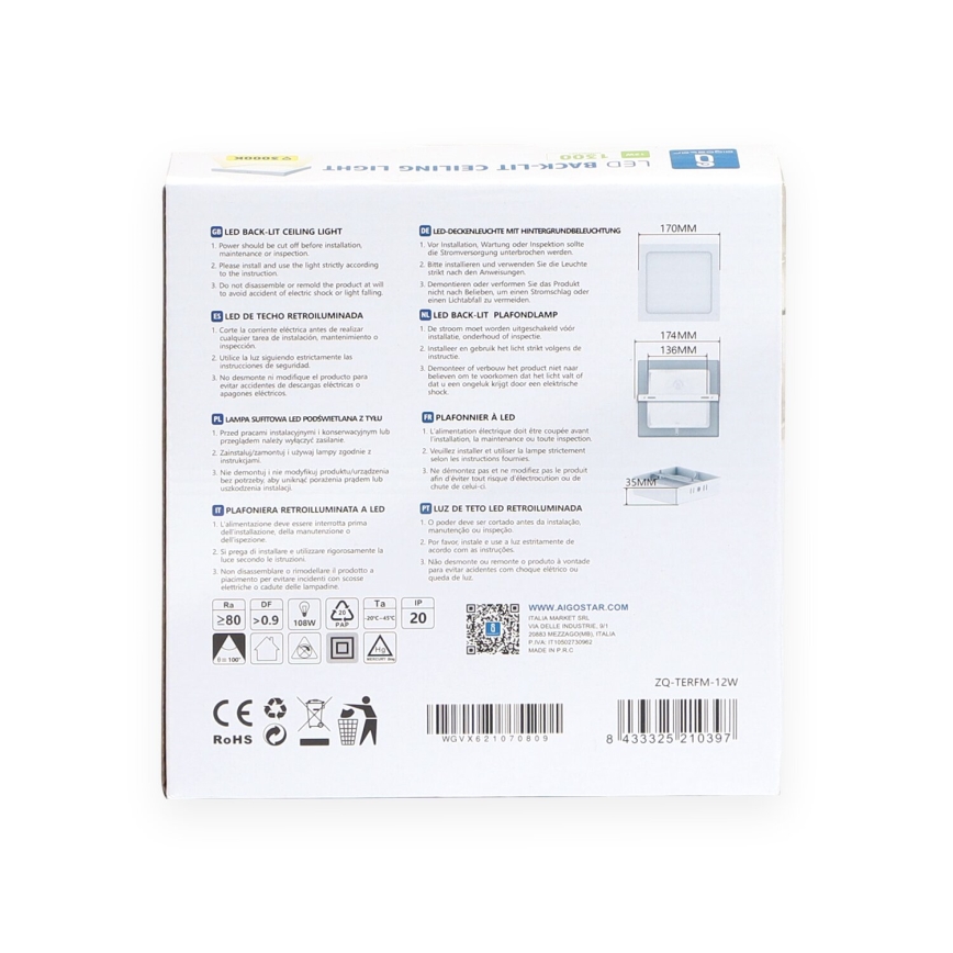 Aigostar - LED Fäst taklampa LED/12W/230V 17,3x17,3 cm 3000K vit