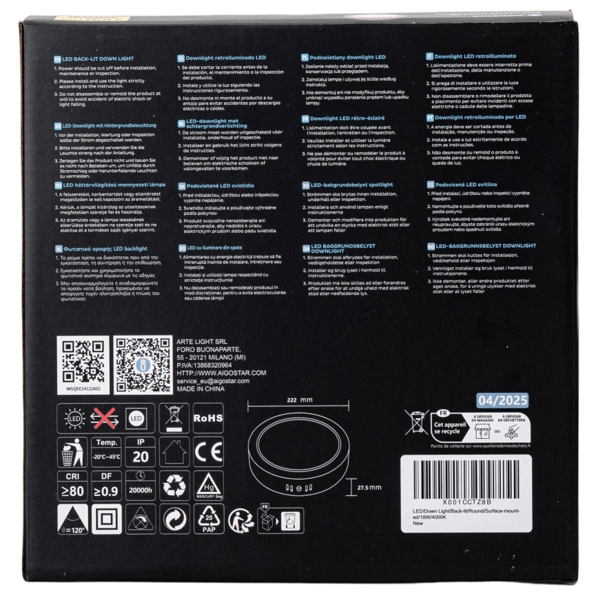 Aigostar - LED Fäst taklampa LED/18W/230V diameter 22,6 cm 4000K vit