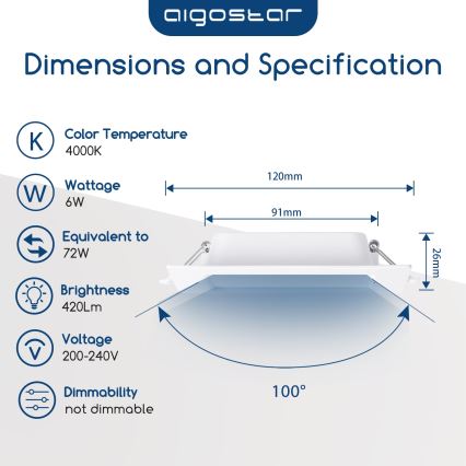 Aigostar - LED inbyggnadslampa LED/6W/230V 4000K 12x12 cm vit