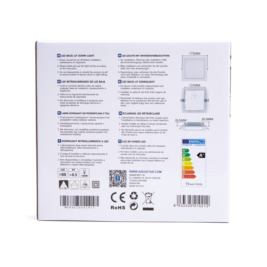 Aigostar - LED infälld belysning LED/15W/230V 17,5x17,5 cm 3000K vit