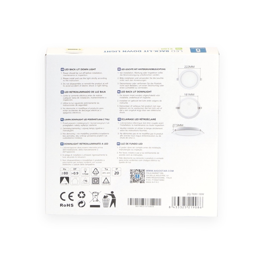 Aigostar - LED infälld belysning LED/18W/230V 4000K diameter 22 cm vit