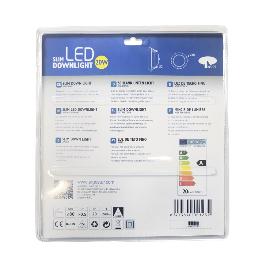 Aigostar - LED infälld belysning ULTRATHIN LED/20W/230V 3000K matt krom