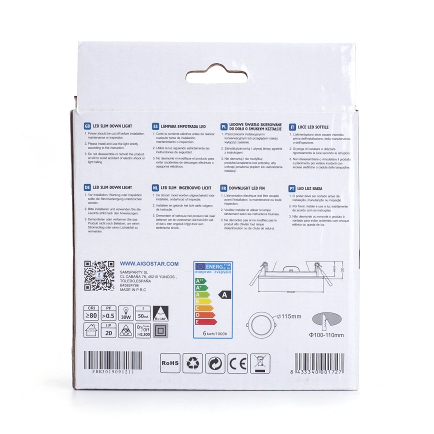 Aigostar - LED infälld belysning ULTRATHIN LED/6W/230V 3000K vit
