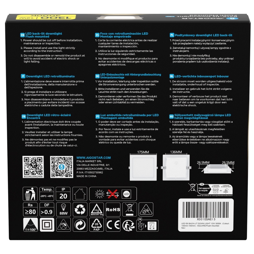 Aigostar - LED infälld takarmatur LED/12W/230V 3000K 17,5x17,5 cm vit