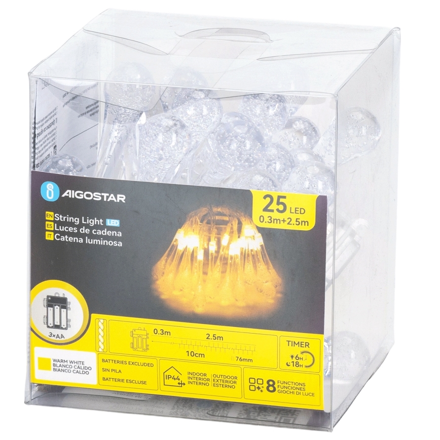 Aigostar - LED utomhusslinga för jul, 25 LED / 8 funktioner, 3xAA, 2,5 m, IP44, varmvit, droppformade lampor