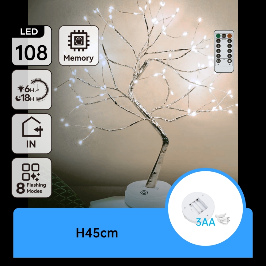 Aigostar - LED-juldekoration 108 LED/3×AA/8 funktioner 45 cm kallvit