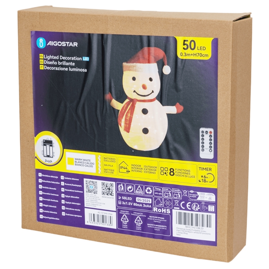 Aigostar - LED juldekoration för utomhusbruk 50xLED/3xAA 0,7m IP44 snögubbe + fjärrkontroll