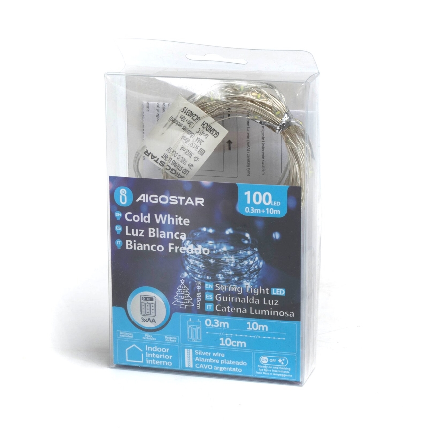 Aigostar - LED julkedja 100xLED/3xAA 10,3m kall vit