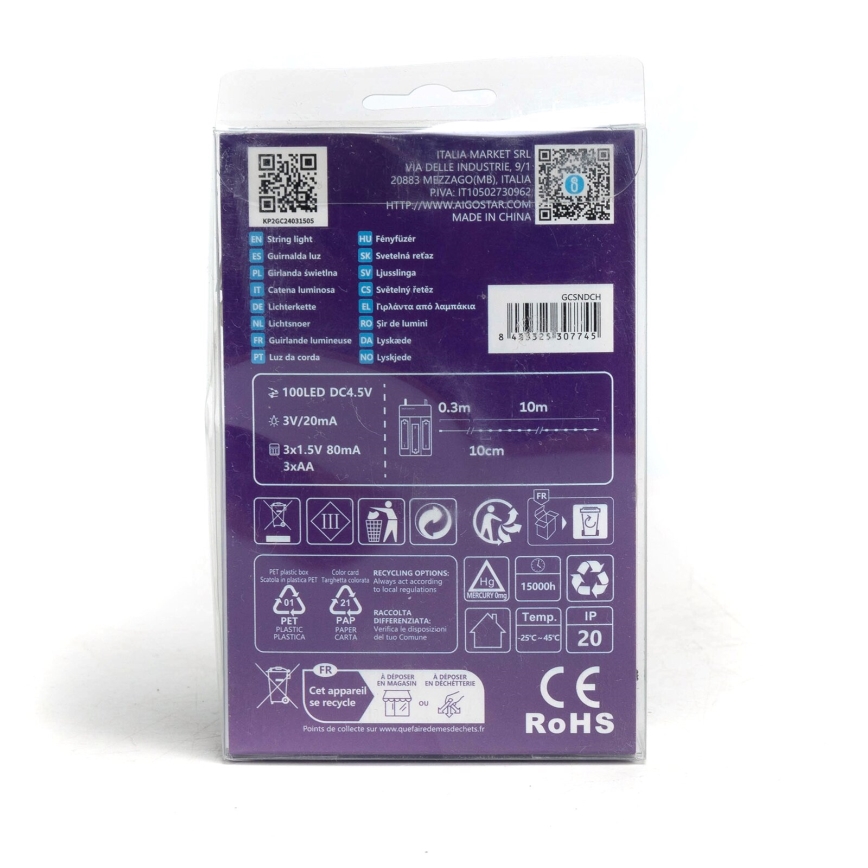 Aigostar - LED julkedja 100xLED/3xAA 10,3m kall vit