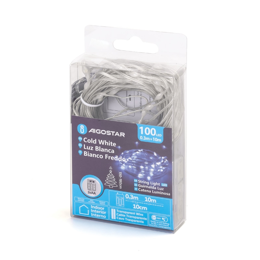Aigostar - LED julkedja 100xLED/3xAA 10,3m kall vit