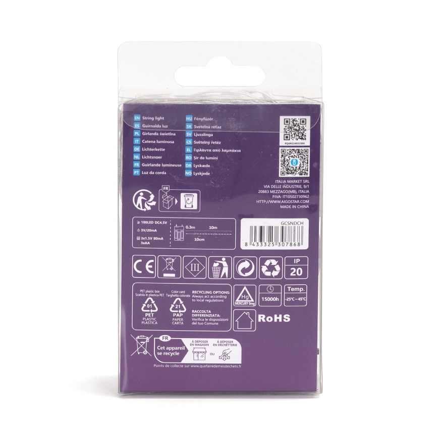 Aigostar - LED julkedja 100xLED/3xAA 10,3m kall vit