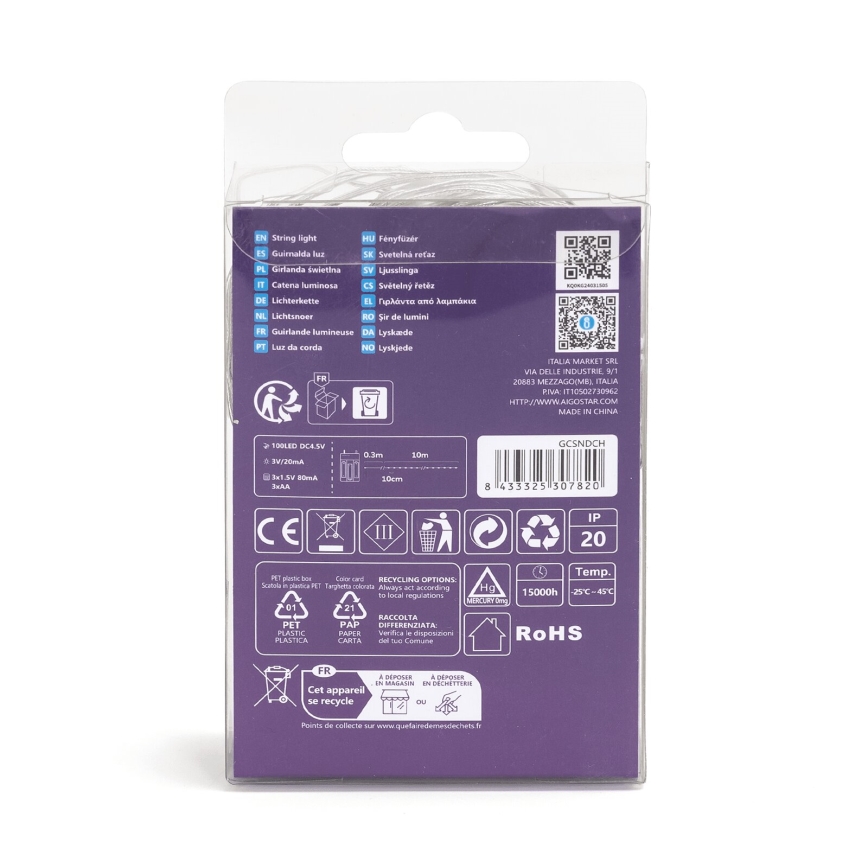 Aigostar - LED julkedja 100xLED/3xAA 10,3m varm vit