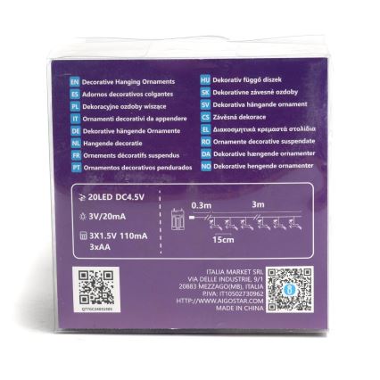 Aigostar - LED julkedja 20xLED/3xAA 3,3m renar