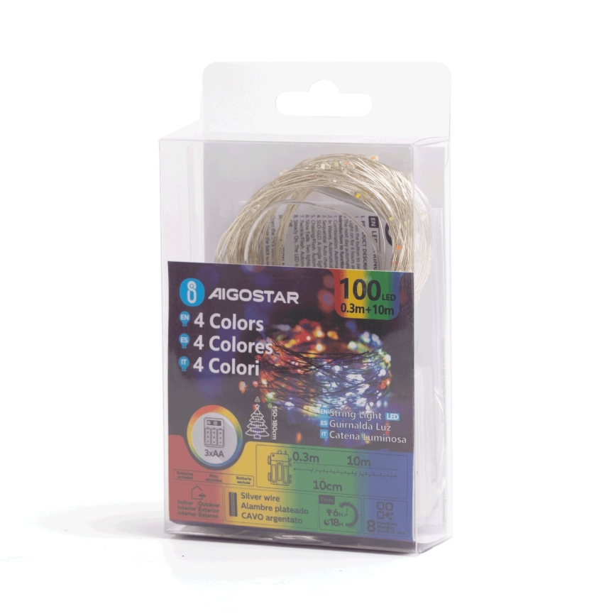 Aigostar - LED julkedja för utomhusbruk 100xLED/8 funktioner/3xAA10,3m IP44 Flerfärgad