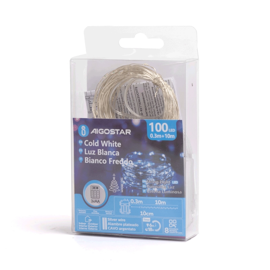 Aigostar - LED julkedja för utomhusbruk 100xLED/8 funktioner 10,3m IP44 kall vit