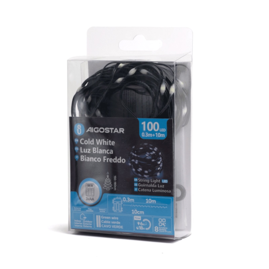 Aigostar - LED julkedja för utomhusbruk 100xLED/8 funktioner/3xAA 10,3m IP44 kall vit